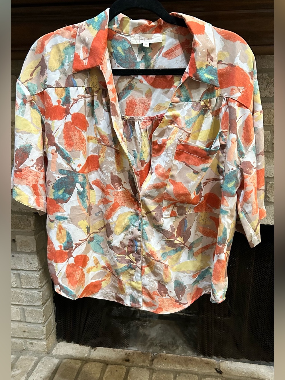 Button-Front Floral Print Blouse in Coral, Yellow & Teal EUC